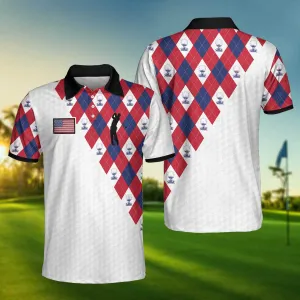 Golf Argyle Pattern Short Sleeve Golf Polo Shirt, American Flag Polo Shirt, Patriotic Golf Shirt For Men Coolspod