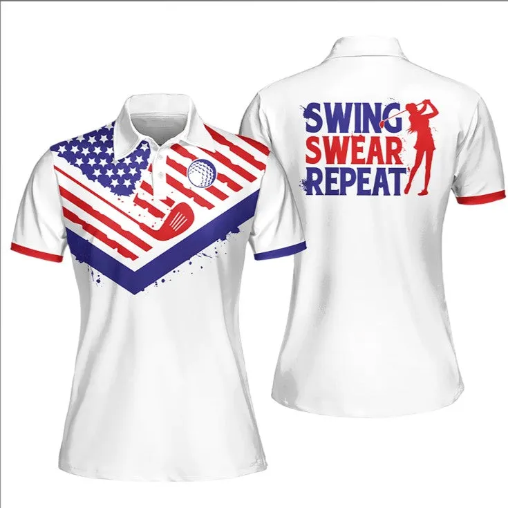 Golf Texture America Flag Sleeveless Polo Shirt, Short Sleeve Polo Shirt for Women