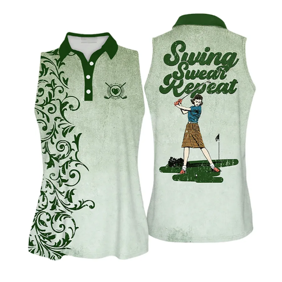 Golf Vintage Pattern Swing Swear Repeat Golfer Gift Polo Shirt for women, Women Golf Shirts