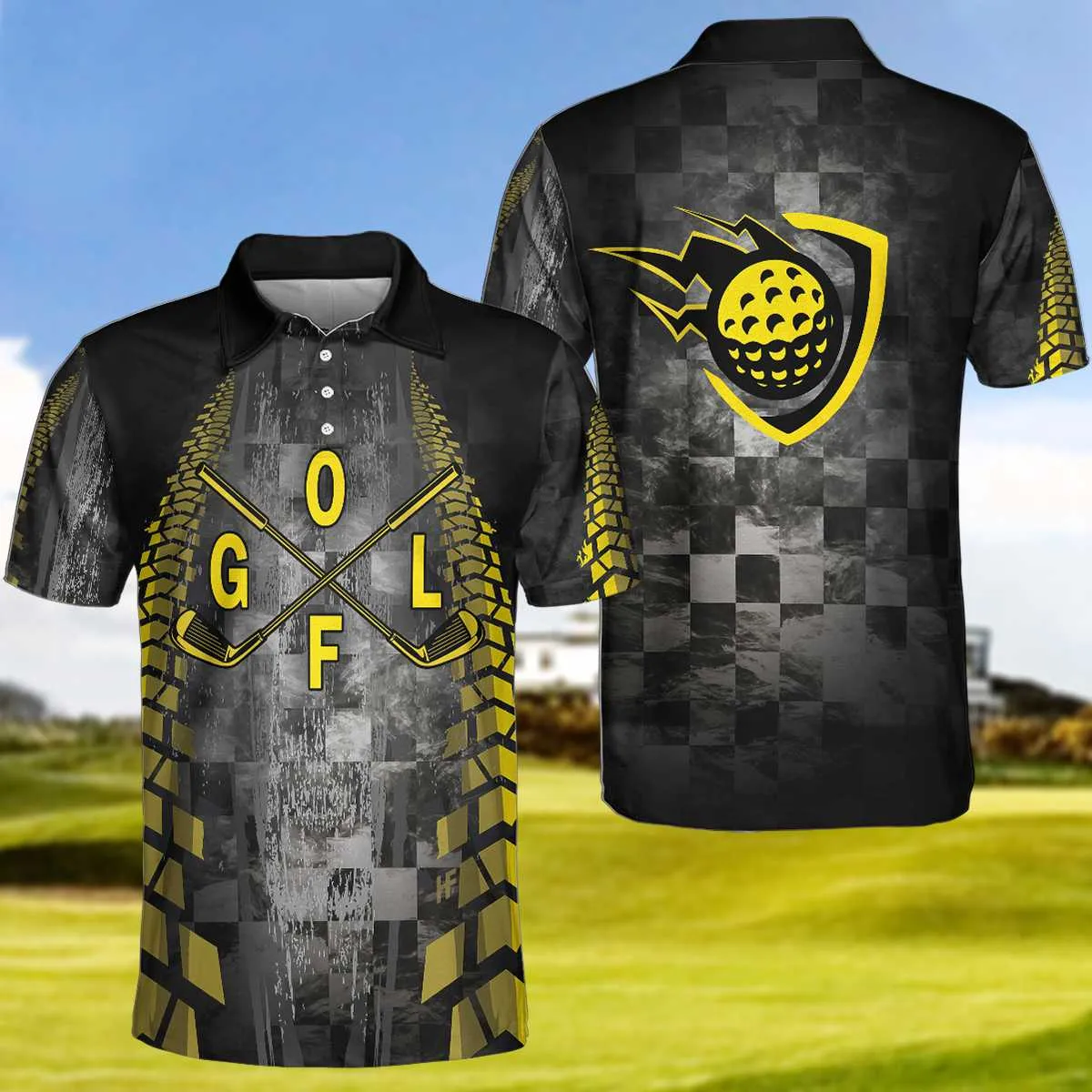 Golf Yellow Pattern Short Sleeve Polo Shirt, Checker Pattern Racing Polo Shirt, Best Golf Shirt For Men Coolspod