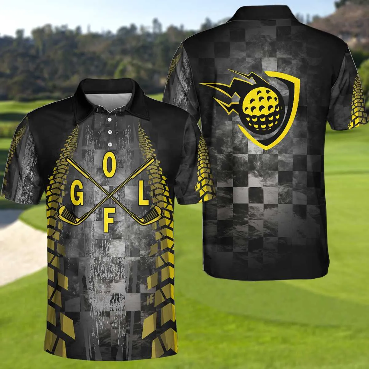 Golf Yellow Pattern Short Sleeve Polo Shirt, Checker Pattern Racing Polo Shirt, Best Golf Shirt For Men Coolspod