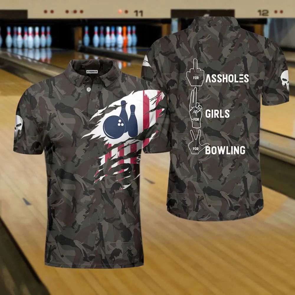 Hand Instruction For Girl And Bowling American Flag Polo Shirt, Funny Hand Signs Camouflaged Bowling Polo Shirt For Men Coolspod