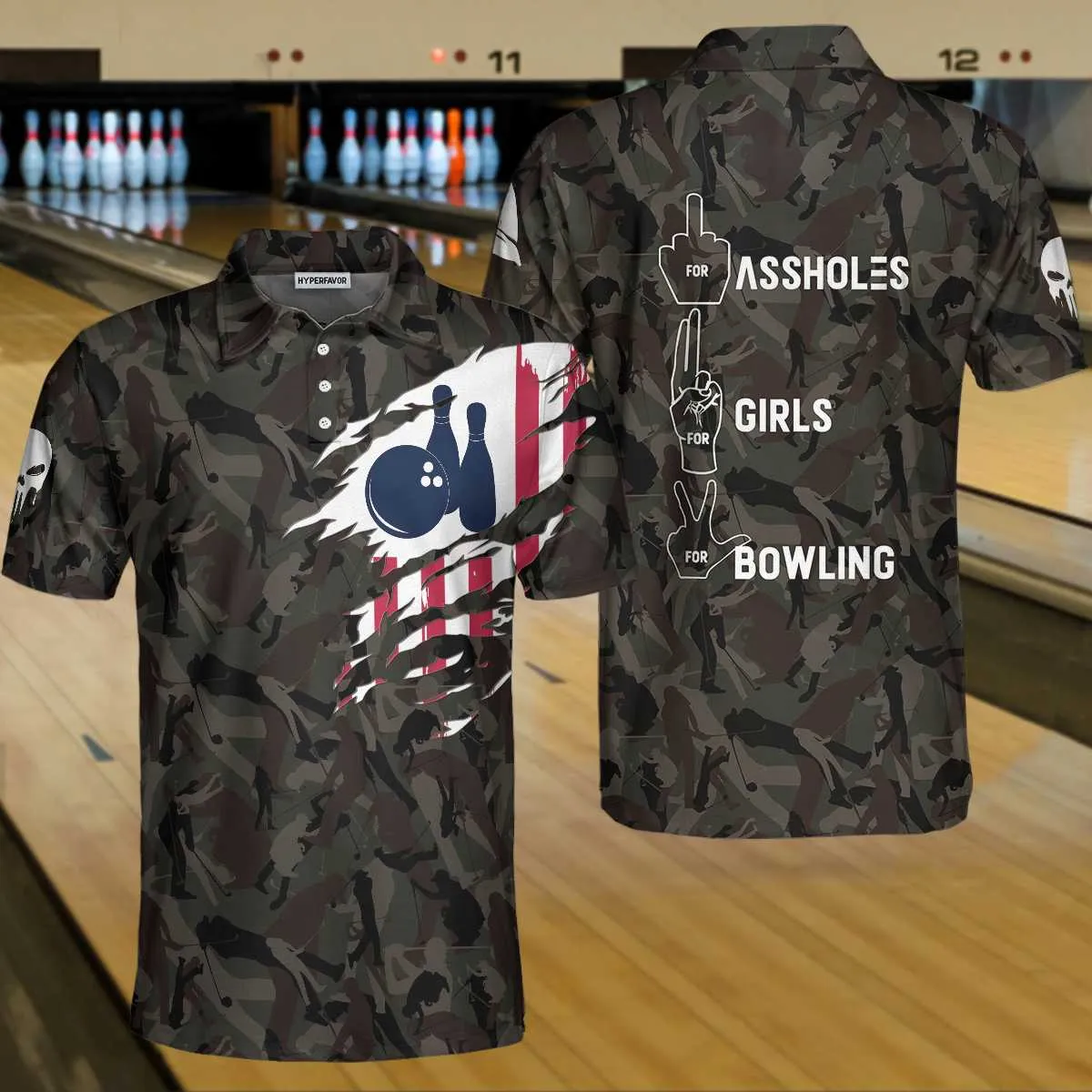 Hand Instruction For Girl And Bowling American Flag Polo Shirt, Funny Hand Signs Camouflaged Bowling Polo Shirt For Men Coolspod