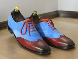 Handmade Blue Burgundy Lace Up Leather Suede Dress Shoes For Men's