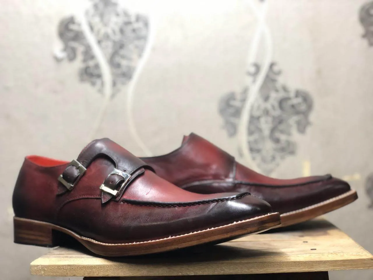 Handmade Burgundy Leather Double Monk Shoes For Men'