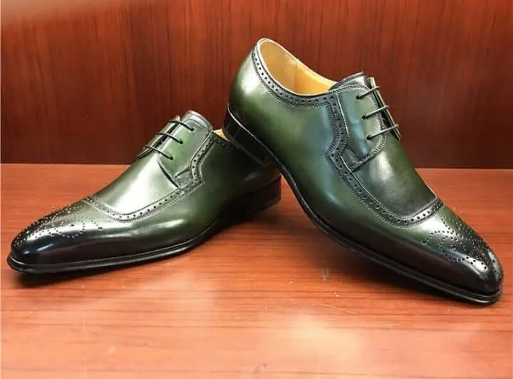 Handmade Green Color Leather Dress Shoes, Men's Brogue Style Lace Up Shoes