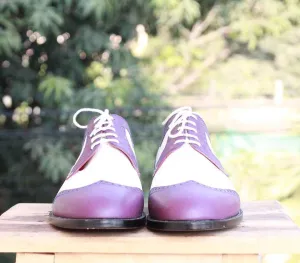 Handmade Leather White Purple Wing Tip Shoe