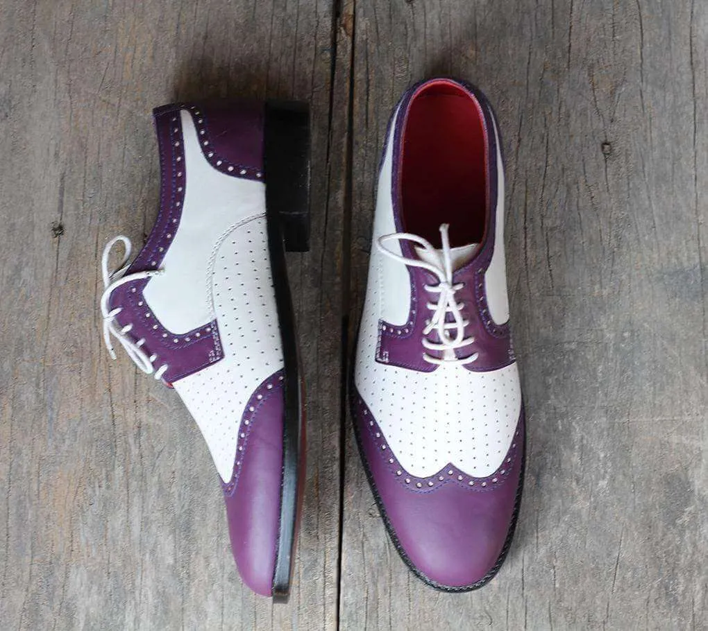 Handmade Leather White Purple Wing Tip Shoe