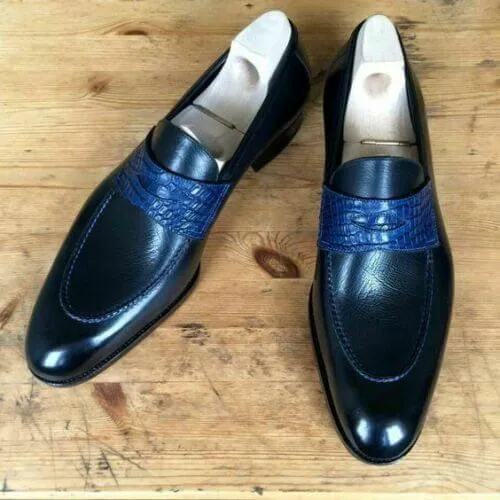 Handmade Men's Navy Blue Alligator Leather & Plain Leather Shoes Men's Penny Loafer Shoes