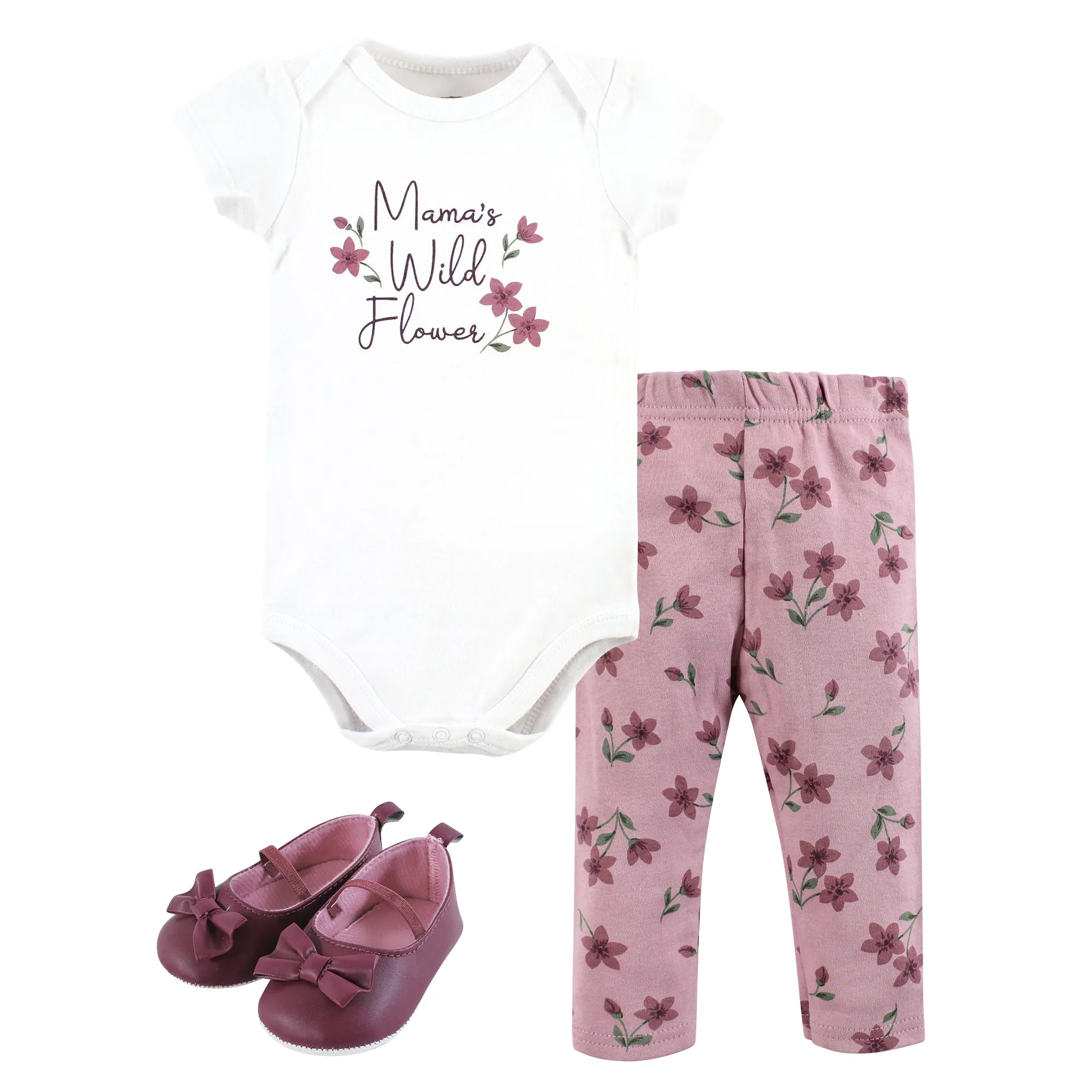 Hudson Baby Cotton Short Sleeve Bodysuit, Pant and Shoe Set, Plum Wildflower