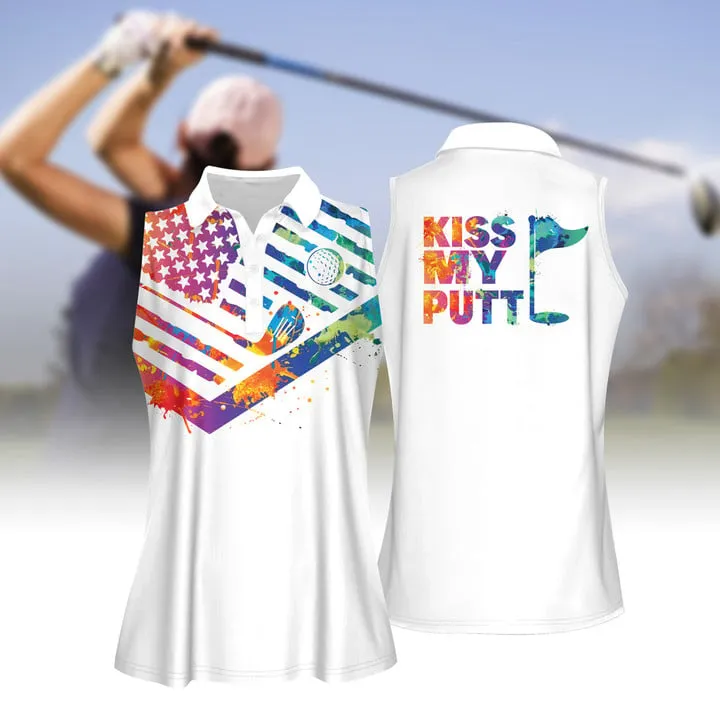 Kiss My Putt Watercolor Women Short Sleeve Polo Shirt Sleeveless Polo Shirt, American Flag Golf Pattern