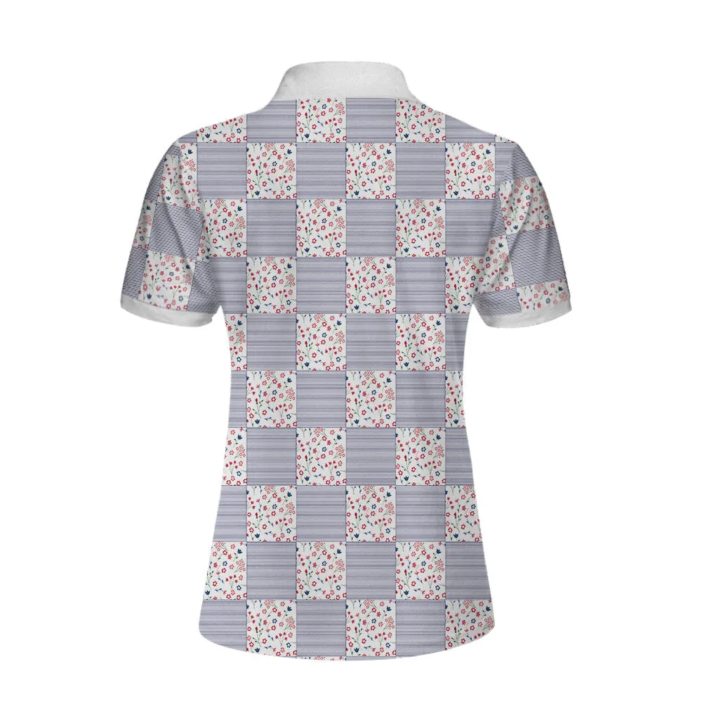 Little Flowers Blue Pink Plaid Short Sleeve Women Polo Shirt Coolspod