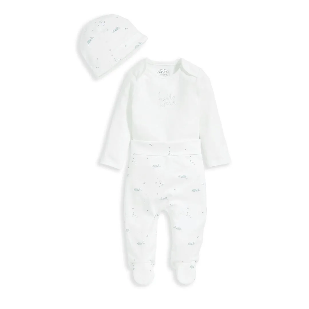 Mamas and Papas White Bodysuit, Whale Printed Pants & Beanie -3 Piece Set