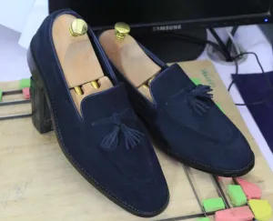 Men's Blue Suede Hand Painted Slip On Loafer Tussle Shoes, Moccasin Shoes