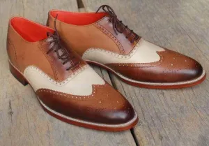 Men's Brown & White Wing Tip Leather Shoe