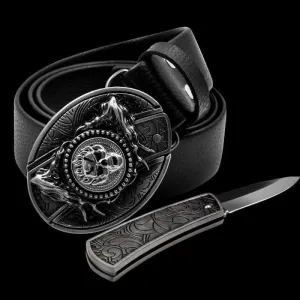 Men's Rotating Skull Leather Belt With Folding Knife