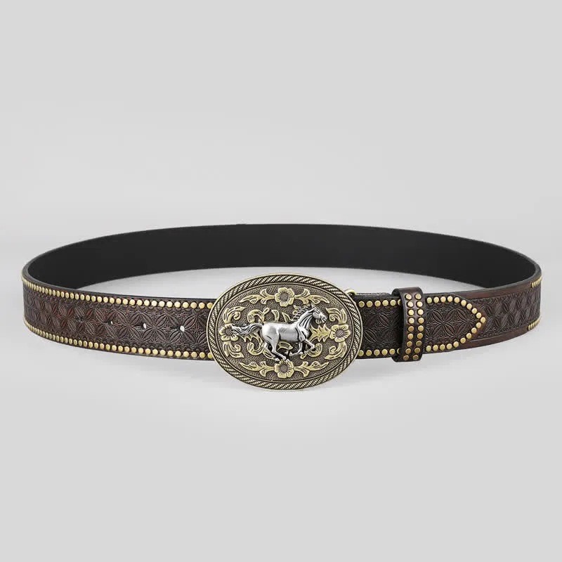 Men's Strong Horse Floral Buckle Leather Belt