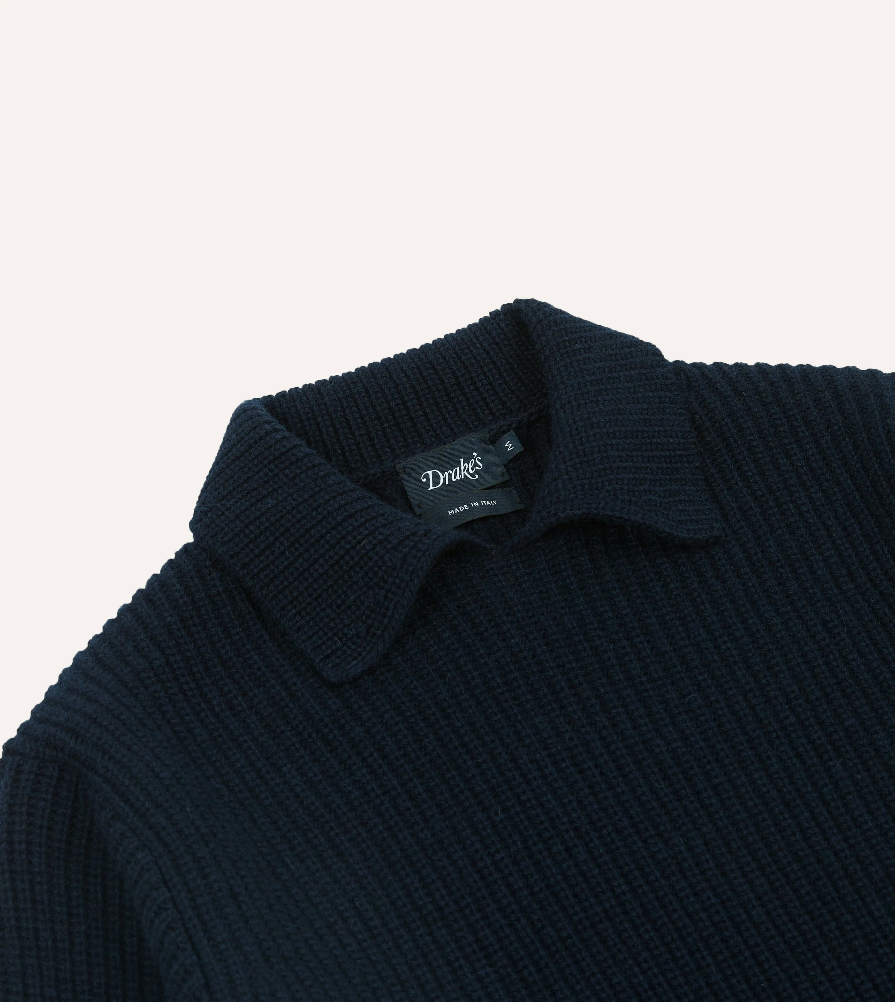 Navy Alpaca Lambswool Ribbed Integral Collar Jumper