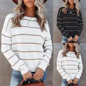 New Women Round Neck Striped Long Sleeve Pullover Loose