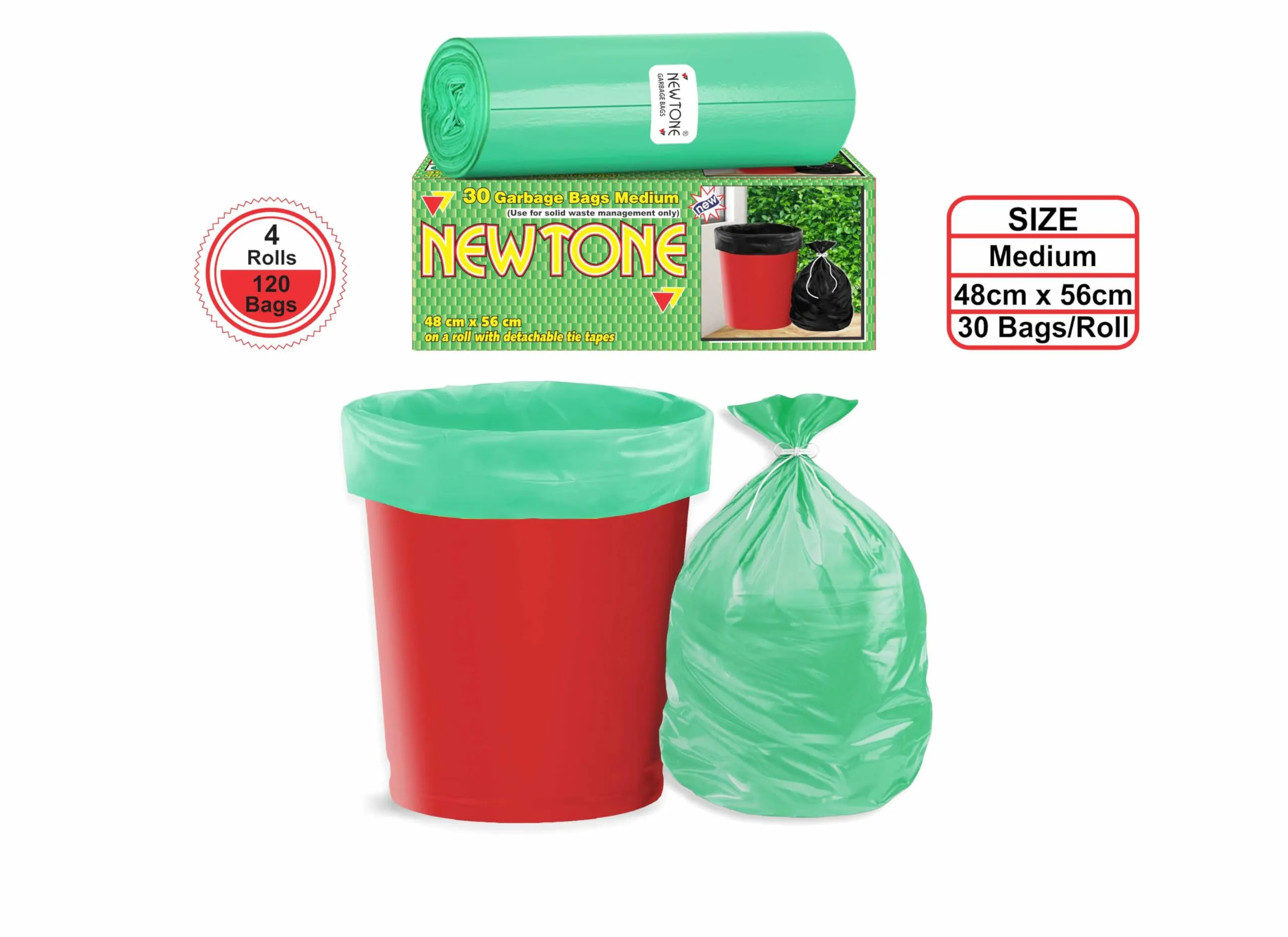 Newtone Premium Garbage Bags Size 19 X 21 Inches (Medium) 120 Bags (4 Rolls) Dustbin Bag/Trash Bag - Green Color