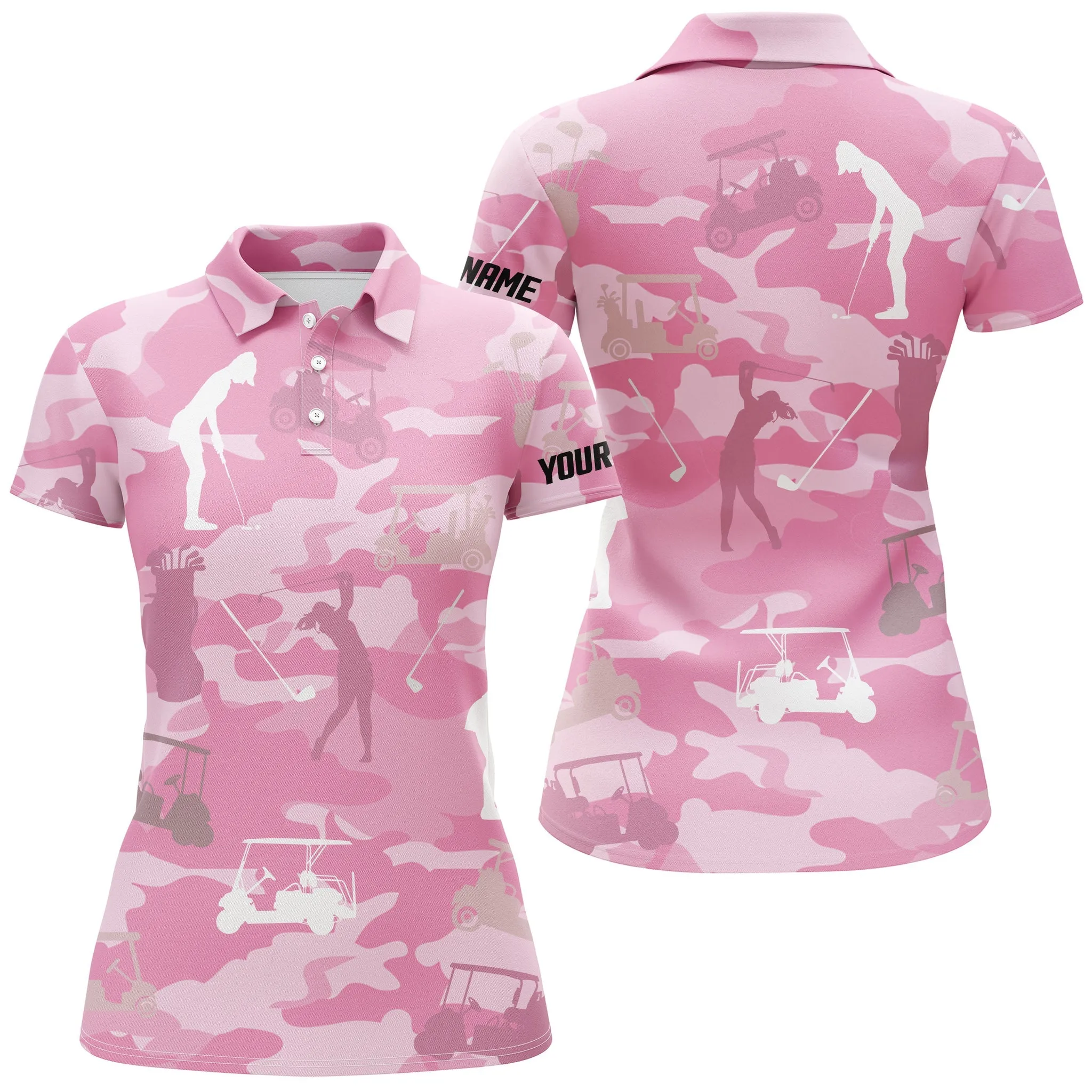 Pink Camo Womens Golf Polos Shirts Custom Name Pink Golf Shirts For Women, Golfing Gifts