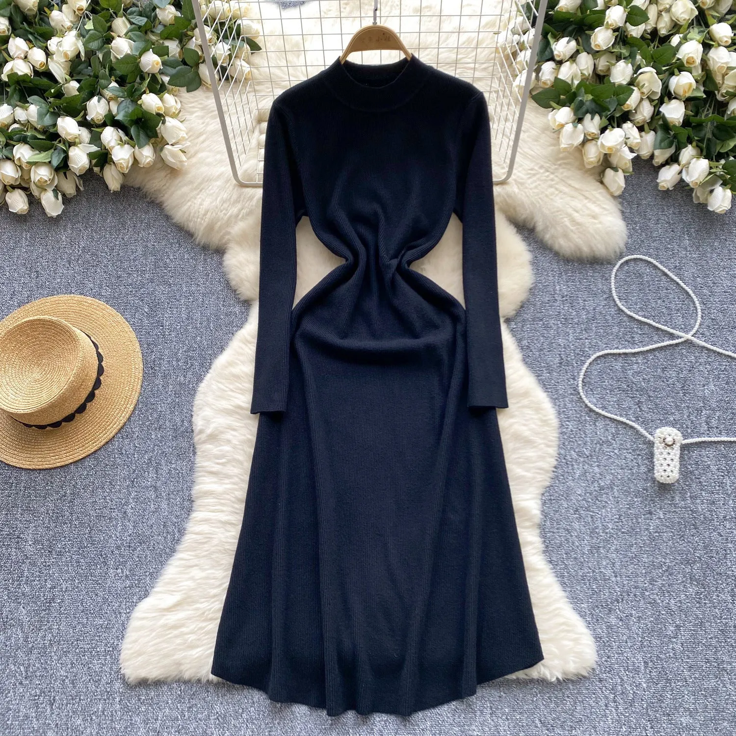 Pre Order: Woolen Waist Cinching Long Sleeved Knitted Dress