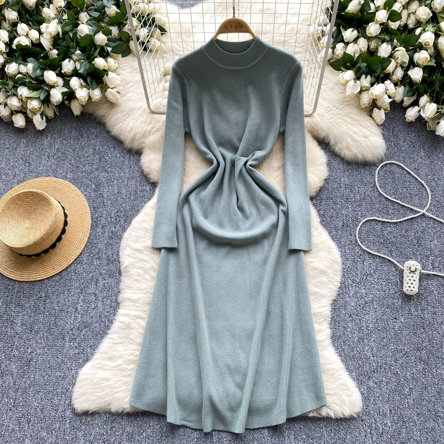 Pre Order: Woolen Waist Cinching Long Sleeved Knitted Dress