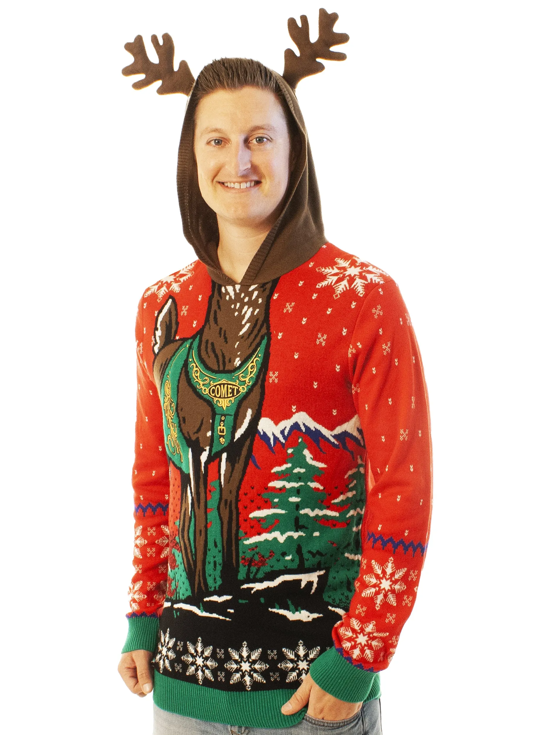 Reindeer Hoodie Red | Ugly Christmas Sweater For Men & Women | Unisex Sizing