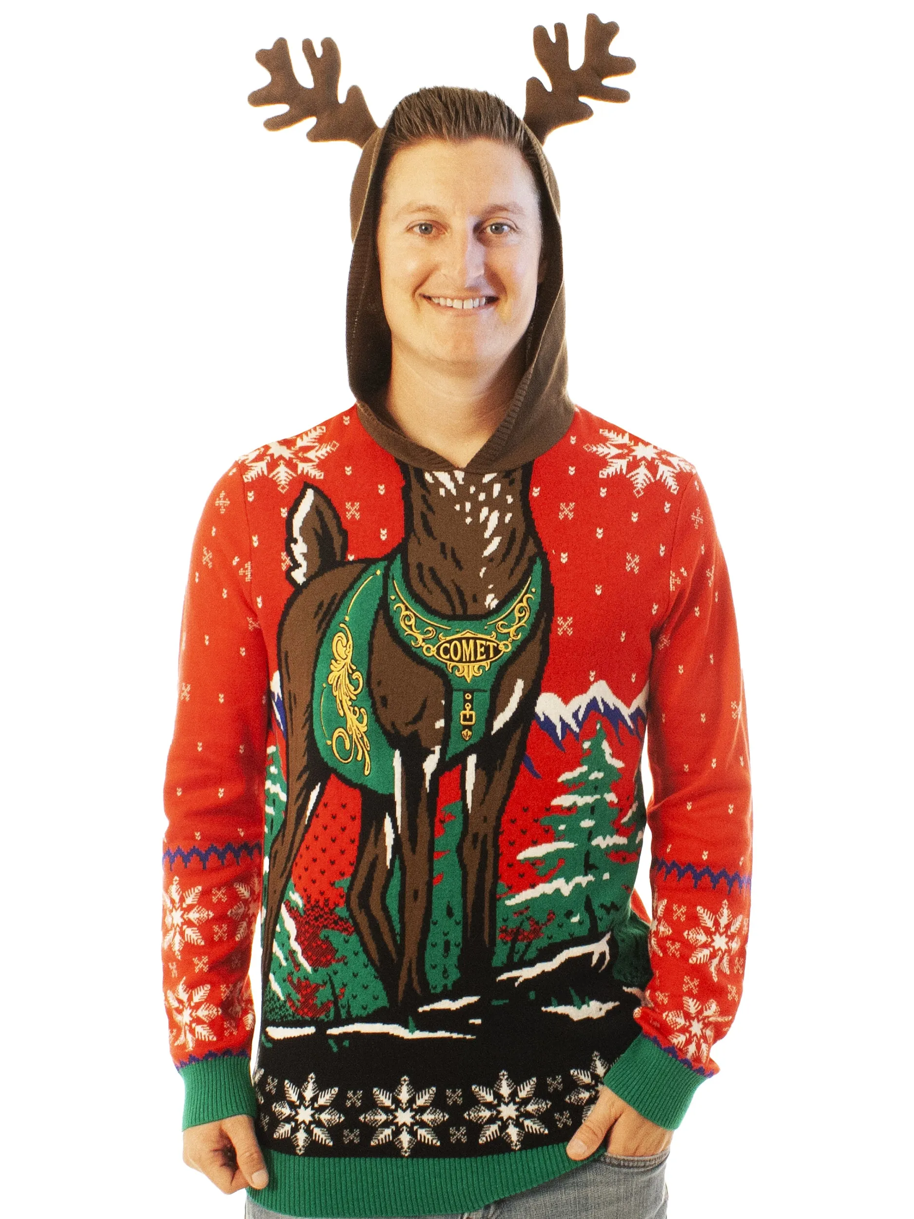 Reindeer Hoodie Red | Ugly Christmas Sweater For Men & Women | Unisex Sizing