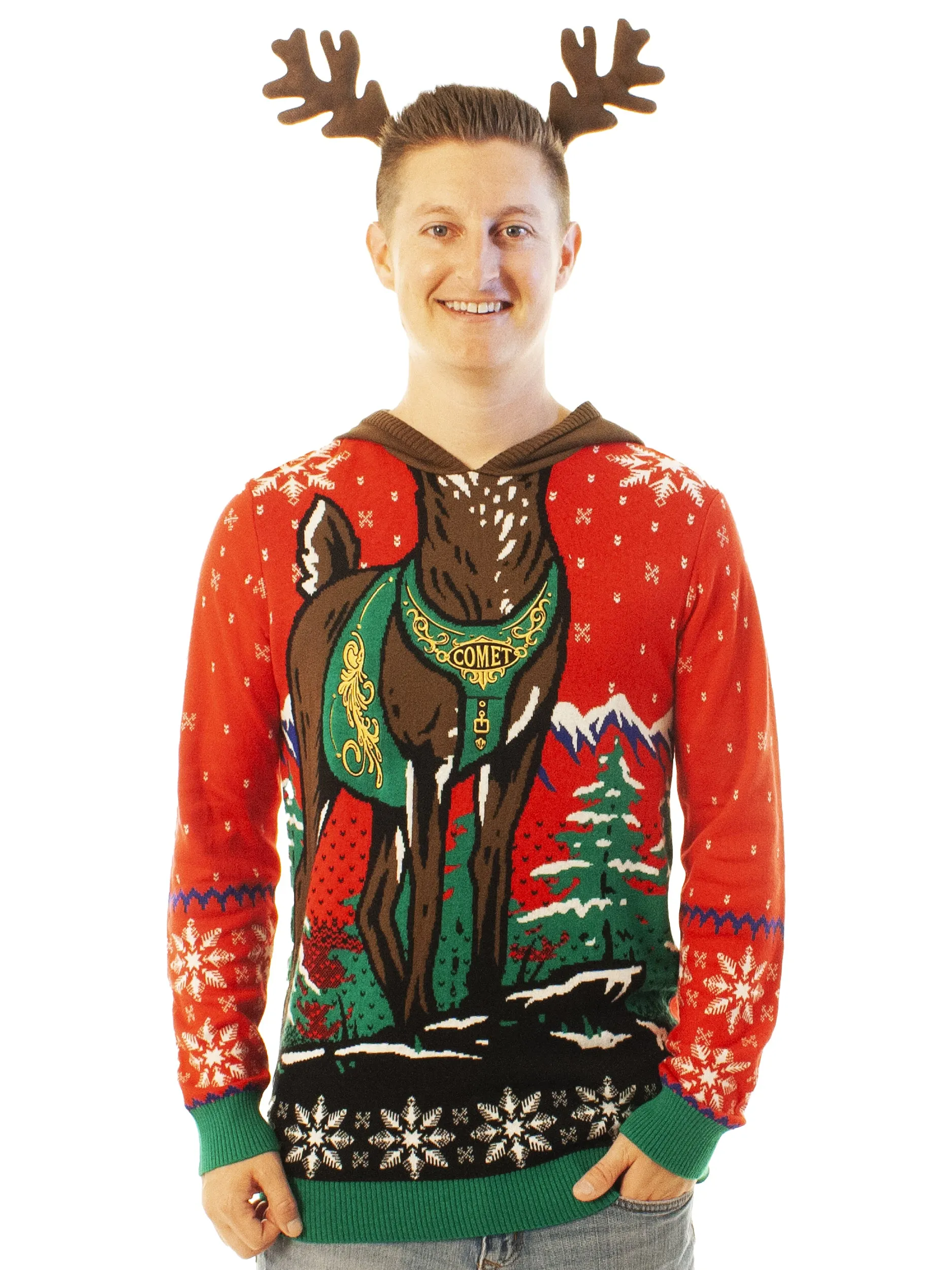 Reindeer Hoodie Red | Ugly Christmas Sweater For Men & Women | Unisex Sizing