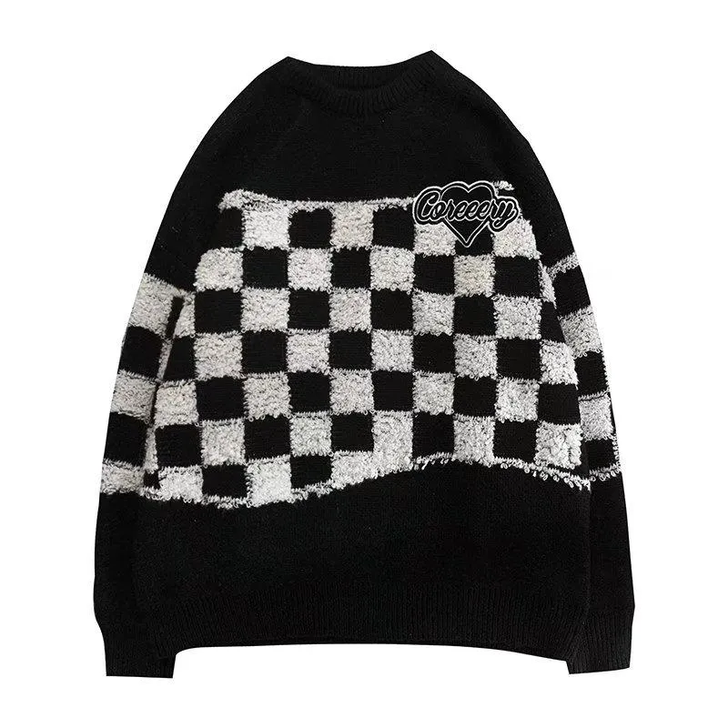 Trendy Knitted Dark Blue Plant Velvet Round Neck Loose Fit Checkerboard Sweater