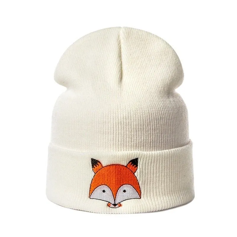 Unisex Kids Warm Winter Embroidered Fox Design Knitted Hats