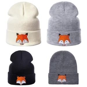 Unisex Kids Warm Winter Embroidered Fox Design Knitted Hats