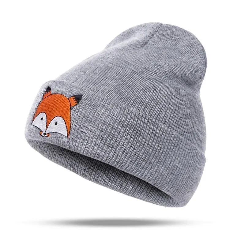 Unisex Kids Warm Winter Embroidered Fox Design Knitted Hats