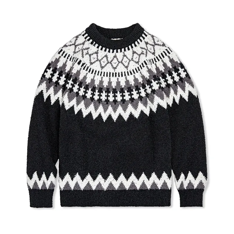 Vintage Heavyweight Icelandic Sweater with Round Neck and Fair Isle Jacquard Knit