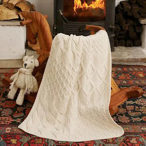 White Aran Wool Knit Irish Baby Throw