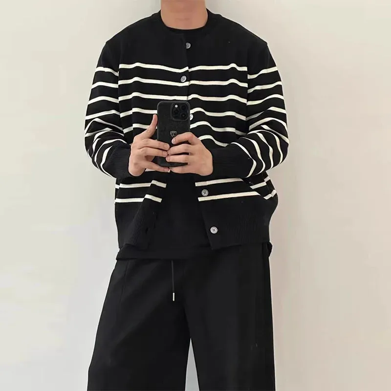 Wiaofellas  -  fall outfits men Autumn Clothing Men's Light Luxury Thin Striped Knit Cardigan Sweater Korean Vintage Popular Button-down Long Sleeve Knitwear