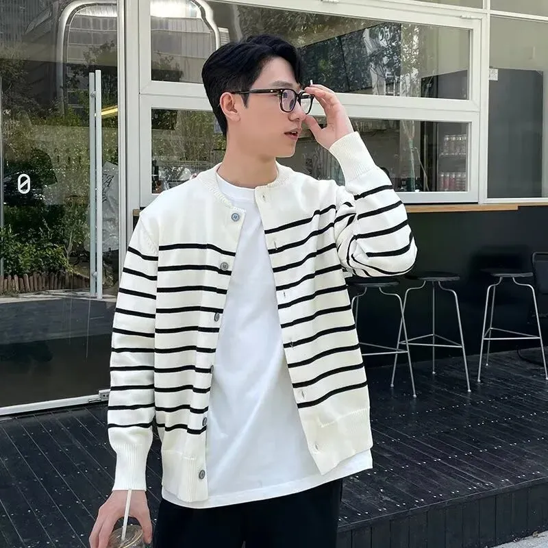 Wiaofellas  -  fall outfits men Autumn Clothing Men's Light Luxury Thin Striped Knit Cardigan Sweater Korean Vintage Popular Button-down Long Sleeve Knitwear