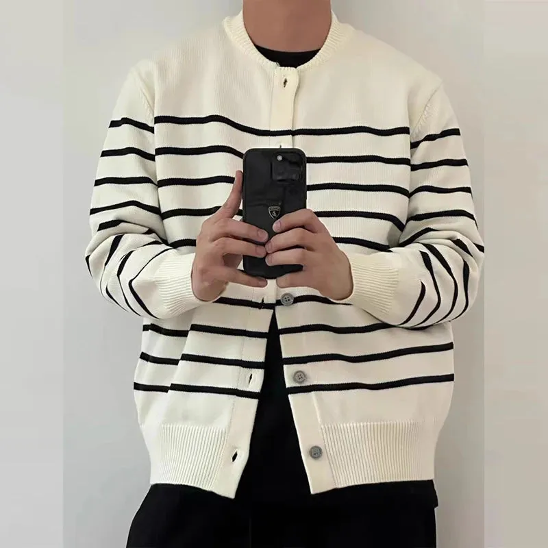 Wiaofellas  -  fall outfits men Autumn Clothing Men's Light Luxury Thin Striped Knit Cardigan Sweater Korean Vintage Popular Button-down Long Sleeve Knitwear