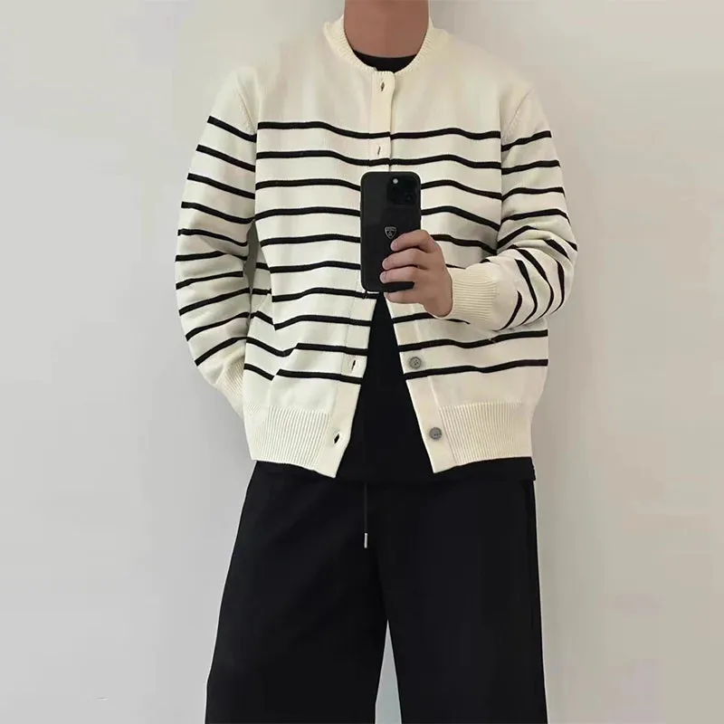 Wiaofellas  -  fall outfits men Autumn Clothing Men's Light Luxury Thin Striped Knit Cardigan Sweater Korean Vintage Popular Button-down Long Sleeve Knitwear