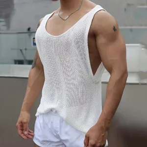 Wiaofellas  -  Summer Thin Knit Vest Men Loose Sleeveless T-shirt Tank Top Sexy Solid Color Hollowed Out Tees Tshirts Knitwear Clothing For Men