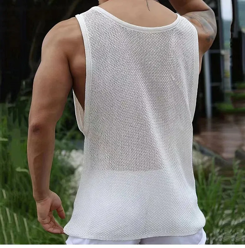 Wiaofellas  -  Summer Thin Knit Vest Men Loose Sleeveless T-shirt Tank Top Sexy Solid Color Hollowed Out Tees Tshirts Knitwear Clothing For Men