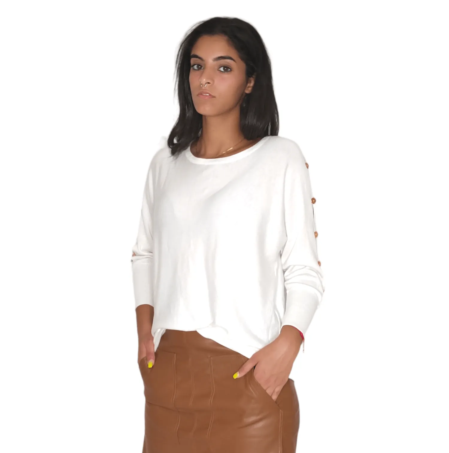 Women Blouse Arm Sided Buttons - White