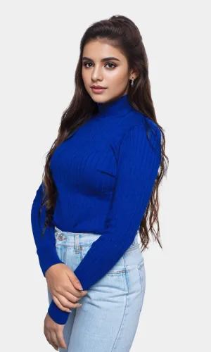 Women High Collar Pullover - Blue