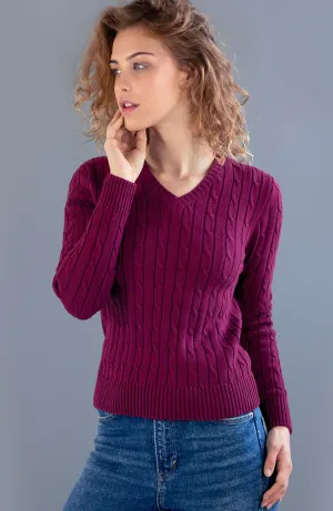 Womens Cotton Cable V Neck Jumper