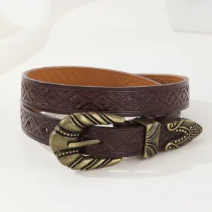 Women's Rhombus Embossed Coffee Leather Belt